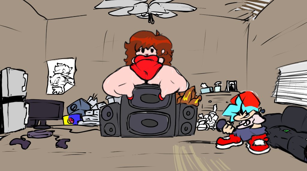1boy, 1girls, auburn hair, blue hair, boyfriend (friday night funkin), chubby, chubby female, fat thighs, female, friday night funkin, friday night funkin mod, girlfriend (friday night funkin), male, newgrounds, nomuski, sitting, sitting on speaker, thick thighs