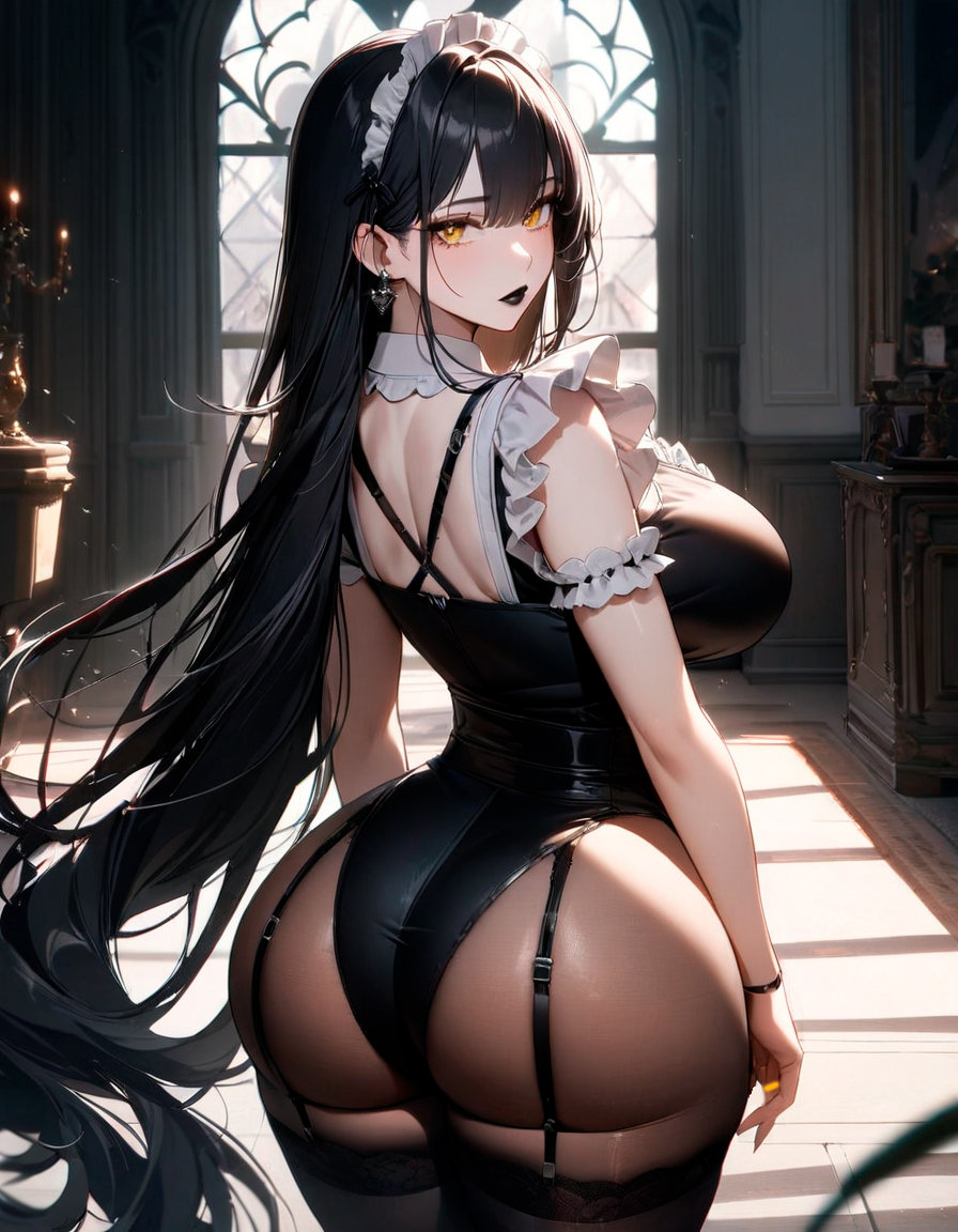 ai_generated ass big_ass big_breasts black_hair breasts breasts_bigger_than_head curvy curvy_body curvy_female curvy_figure curvy_hips emotionless from_behind garter_straps goth goth_girl huge_ass huge_breasts looking_back maid maid_uniform married_couple married_woman massive_breasts nyx_(starlightnex) original original_character pale_skin perfect_body starlightnex stockings thick_ass thick_legs thick_thighs thighs very_long_hair wife yellow_eyes