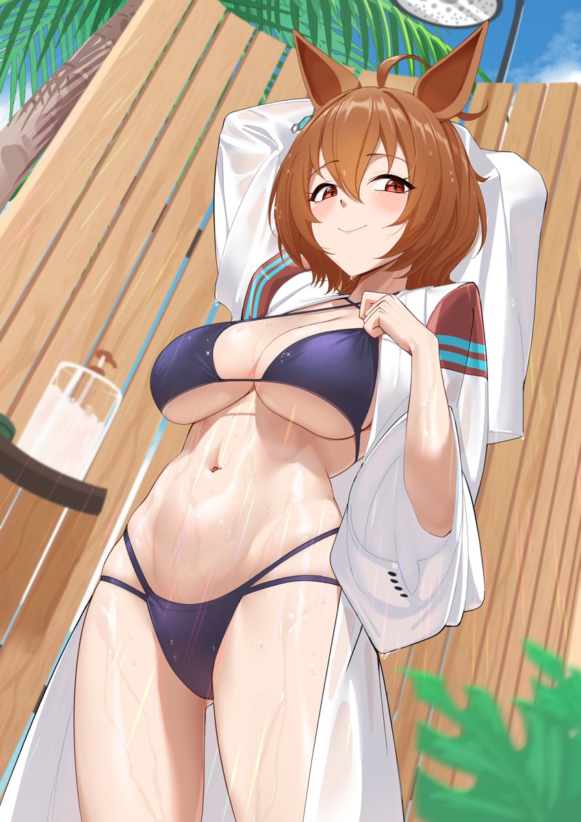 1girls, agnes tachyon (umamusume), ahoge, barefoot, bikini, blush, breasts, cleavage, criss-cross halter, empty eyes, eyebrows visible through hair, female, female only, full body, halter bikini, horse ears, horse girl, huge breasts, labcoat, looking at viewer, necropoi, off shoulder, smile, solo, swimsuit, umamusume, umamusume pretty derby
