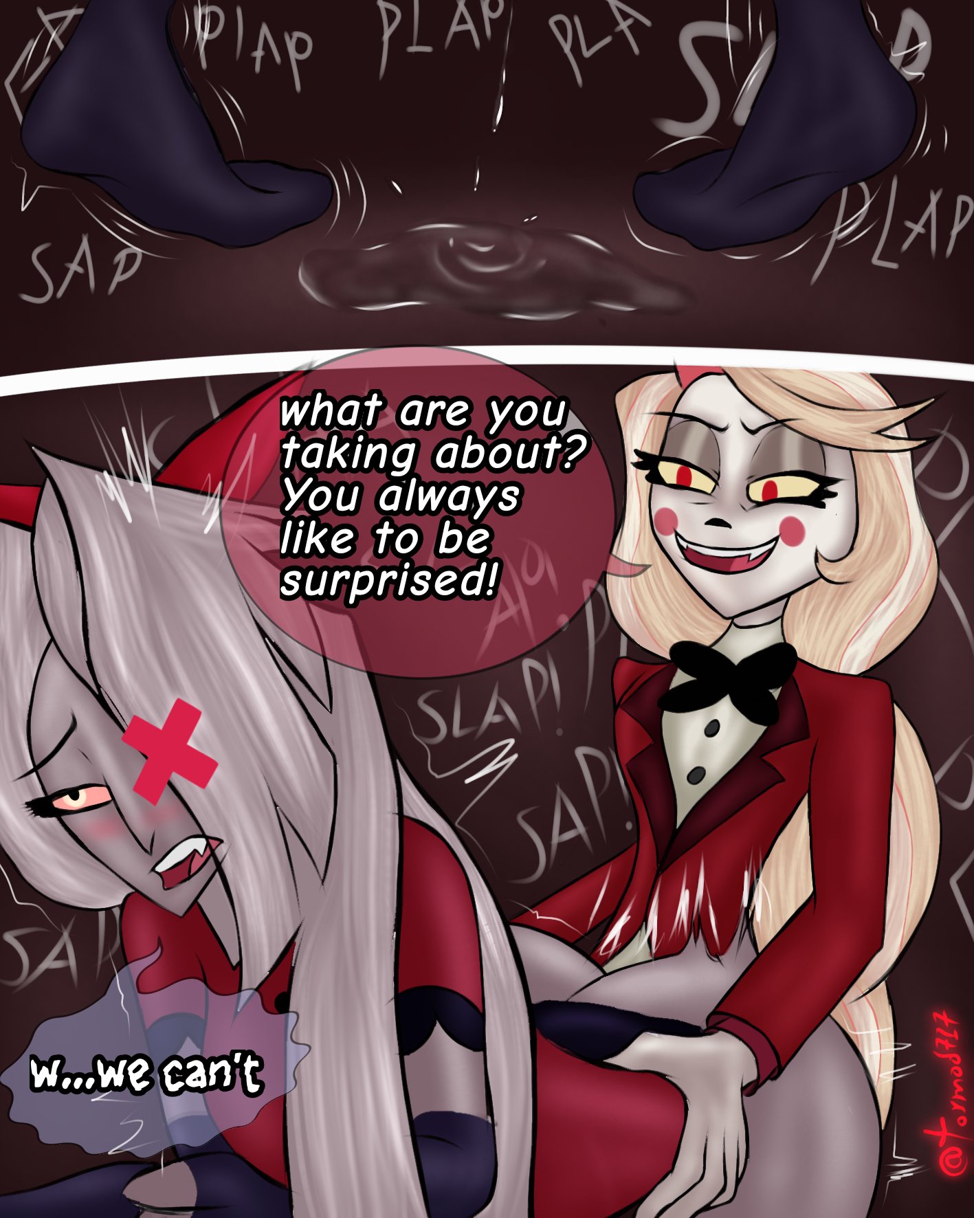 1futa, 1girls, ass, big ass, big breasts, big butt, big penis, breasts, charlie morningstar (hazbin hotel), demon, demon girl, english text, female, futa on female, futanari, hazbin hotel, intersex, large breasts, long hair, looking pleasured, male, male penetrating, penetration, penile penetration, penis, penis in pussy, pleasure face, pussy, pussy juice, sex, text, text bubble, thick thighs, tormod717, vaggie (hazbin hotel), vaginal penetration, vivienne medrano