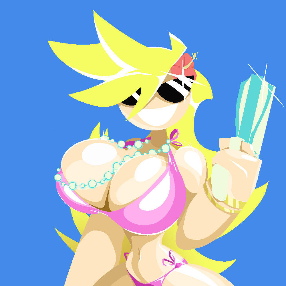 1girls big_breasts blonde_hair blue_background busty busty_female flower_in_hair huge_breasts knick_knack large_breasts looking_at_viewer narrow_waist palooha panty_&_stocking_with_garterbelt panty_anarchy pearl_necklace pink_bikini smile smiling smiling_at_viewer solo sunglasses sunny_miami