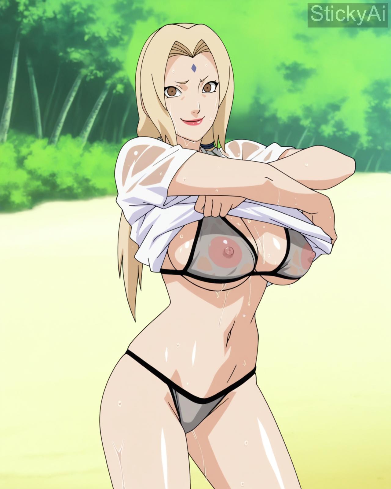 ai_generated beach blonde_hair brown_eyes large_breasts low_twintails mature_female milf naruto naruto_(series) naruto_shippuden shiny_skin stickyai tsunade tsunade_senju