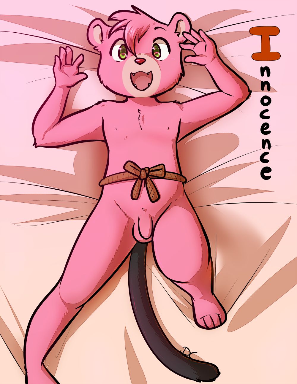 1boy 2025 arms_behind_back ballsack cub flaccid flaccid_penis furry green_eyes happy innocent legs_apart looking_at_another looking_up naked naked_male on_bed open_mouth pink_body shiny_eyes soft_balls tiny_penis