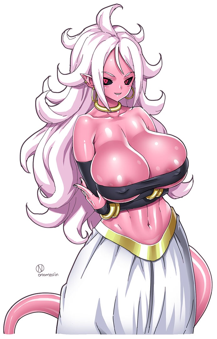1girls, 2010s, android 21, areola slip, areolae, big breasts, black sclera, blush, breasts, cleavage, crossed arms, dark persona, dragon ball, dragon ball fighterz, earrings, female, female only, fully clothed, humanoid, jewelry, large breasts, long hair, looking at viewer, majin, majin android 21, midriff, monster girl, navel, nipples, onomeshin, pink skin, pointy ears, red eyes, solo, tail, voluptuous, white hair