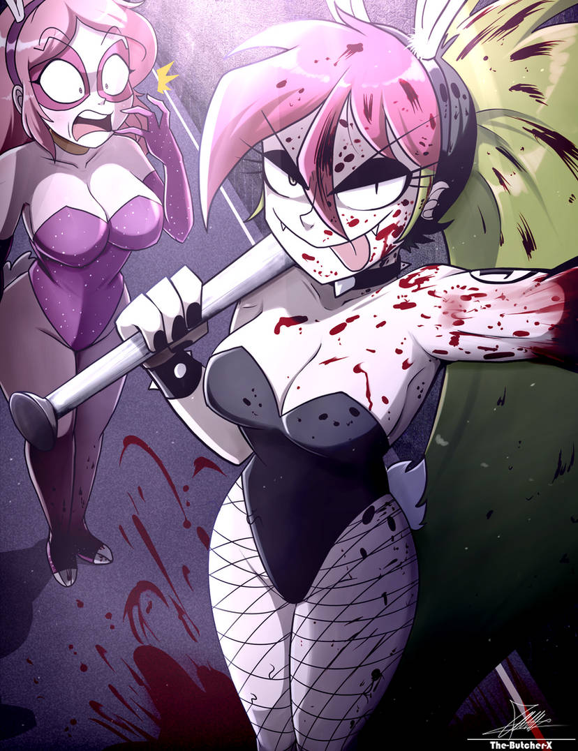 big_breasts black_bunnysuit blood bloody_clothes bunny_ears bunnysuit cartoon_network demencia_(villainous) miss_heed_(villainous) pink_body pink_eyes pink_hair scared the_butcher_(artist) villainous