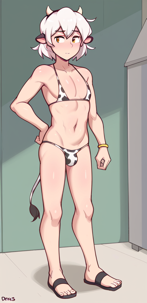 ai_generated aianonguy brown_eyes cow_bikini cow_boy cow_ears cow_print cowkini dross_(style) femboy horns hucow oc sandals self_upload solo solo_male stable_diffusion tail white_hair