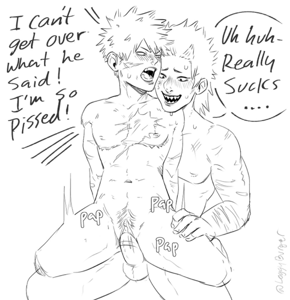 angry bakugou_katsuki cuntboy eijirou_kirishima english_text katsuki_bakugou kirishima_eijirou loggyburger my_hero_academia riding scars size_difference sketch top_surgery_scars