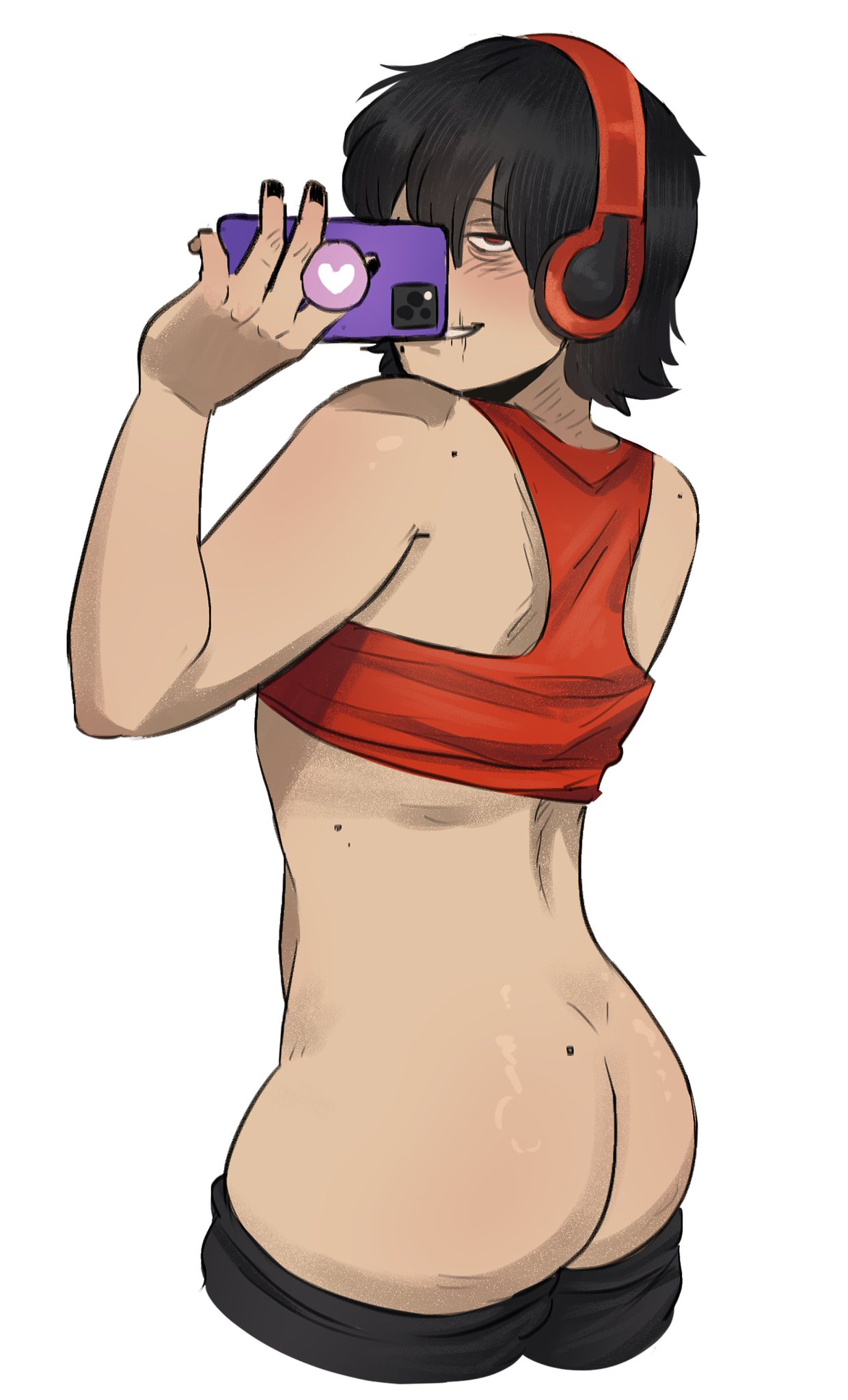 alternate_universe ass ass_focus beauty_mark black_hair flirting headphones moles my_hero_academia phone selfie sexting shigaraki_tomura shimura_tenko tenko_shimura thick_ass tomura_shigaraki