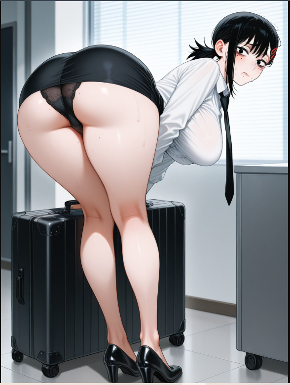 1girls ai_generated ass ass_focus black_hair chainsaw_man heels higashiyama_kobeni huge_ass huge_breasts looking_back necktie office_lady suitcase sweat