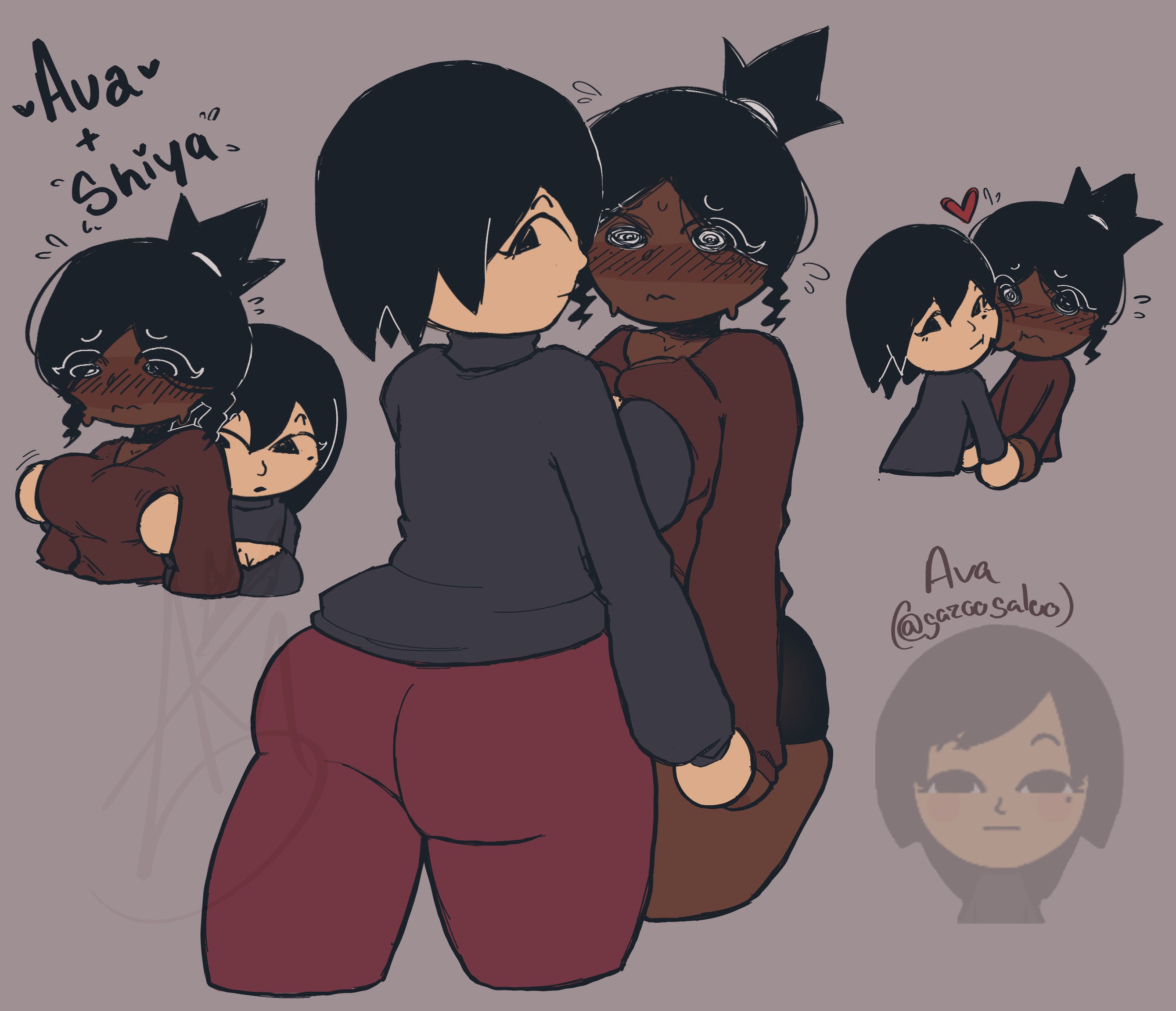 2girls, ass, ava (gazoogaloo), black eyes, black hair, black sweater, black turtleneck, black turtleneck sweater, blush, breast grab, breast press, breasts, burgundy pants, cleavage, cleavage cutout, female, female only, grabbing, grabbing another's breast, grabbing breasts, large breasts, mii, mole, mole on breast, mole under eye, nintendo, oc, pants, shiya (stormtm), short hair, stormtm, sweat, sweater, turtleneck, yuri