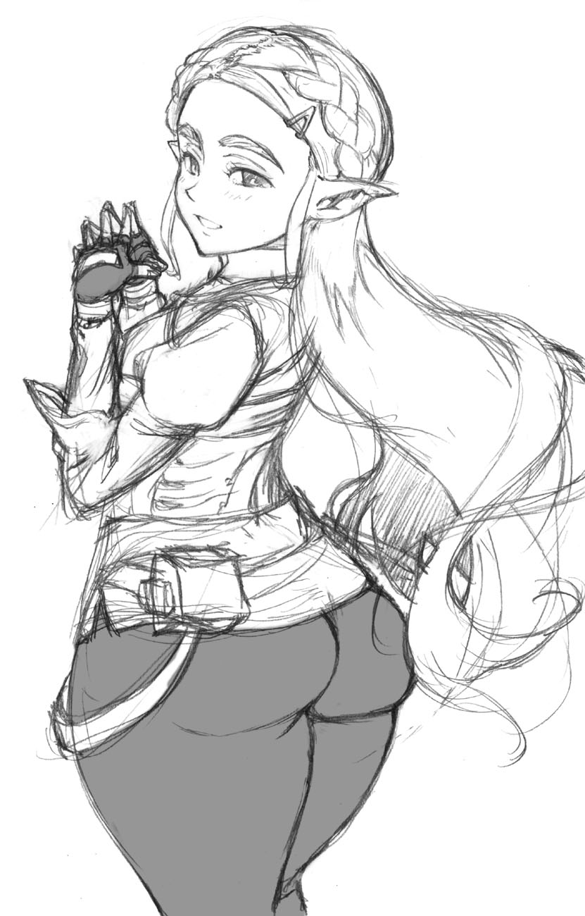 ass bekei big_ass big_thighs blush breath_of_the_wild clothing from_behind long_hair looking_at_viewer nintendo princess_zelda sketch the_legend_of_zelda zelda_(breath_of_the_wild)