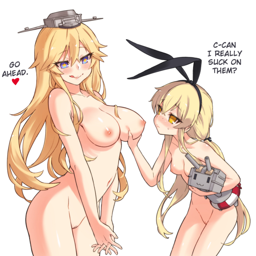 2girls :3 alphy areolae black_hairband blonde_hair blue_eyes blush breast_envy breast_grab breasts grabbing hair_between_eyes hairband hard_translated highres holding interlocked_fingers iowa_(kantai_collection) kantai_collection large_breasts licking_lips lifebuoy long_hair multiple_girls navel nipples nude own_hands_together pussy shimakaze_(kantai_collection) simple_background small_breasts smile star star-shaped_pupils symbol-shaped_pupils tongue tongue_out translated uncensored white_background yuri