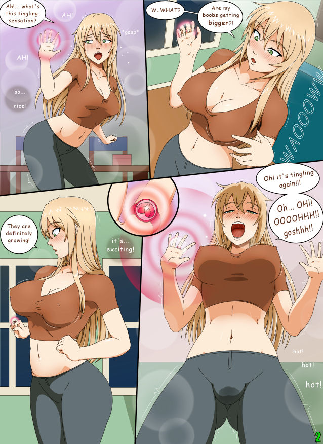 aroused blonde_hair blush breast_expansion comic female green_eyes huge_breasts page_2 ring sequence shirt stormfeder transformation wet_pussy yoga_pants