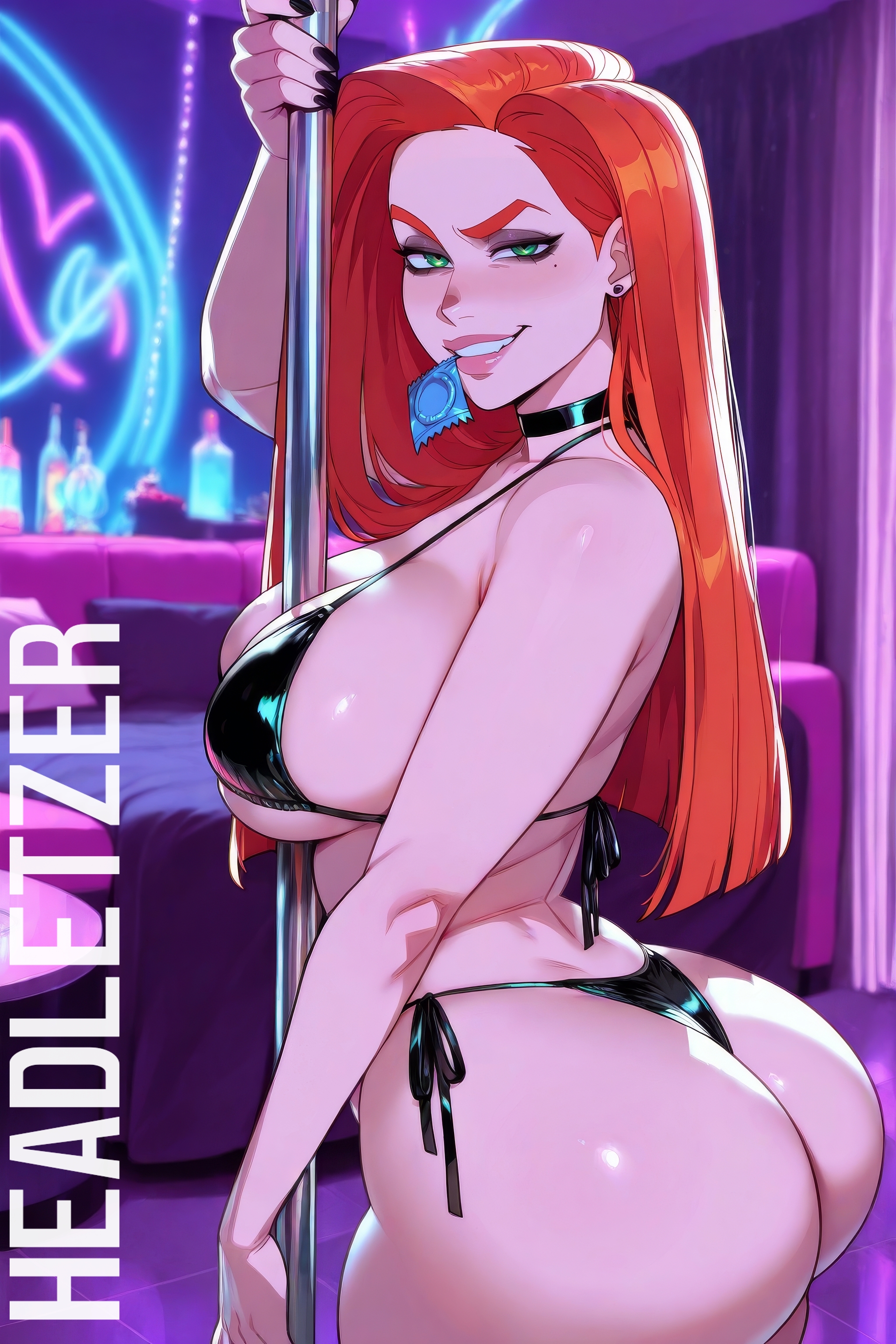 1girls, ai generated, ass, atom eve, club, condom wrapper in mouth, female, headletzer, holding pole, invincible, invincible (tv series), light skin, light-skinned female, micro bikini, pole dancing, solo, tagme