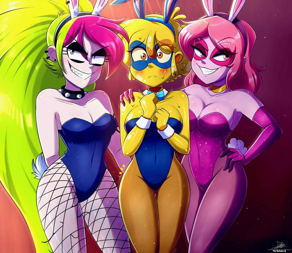 before_sex big_breasts big_legs blue_bunny_ears blue_bunnysuit broken_tights bunny_tail cartoon_network demencia_(villainous) g-lo_(villainous) happy long_hair miss_heed_(villainous) nervous pink_body pink_eyes pink_hair smile smiling tights villainous yellow_body yellow_eyes