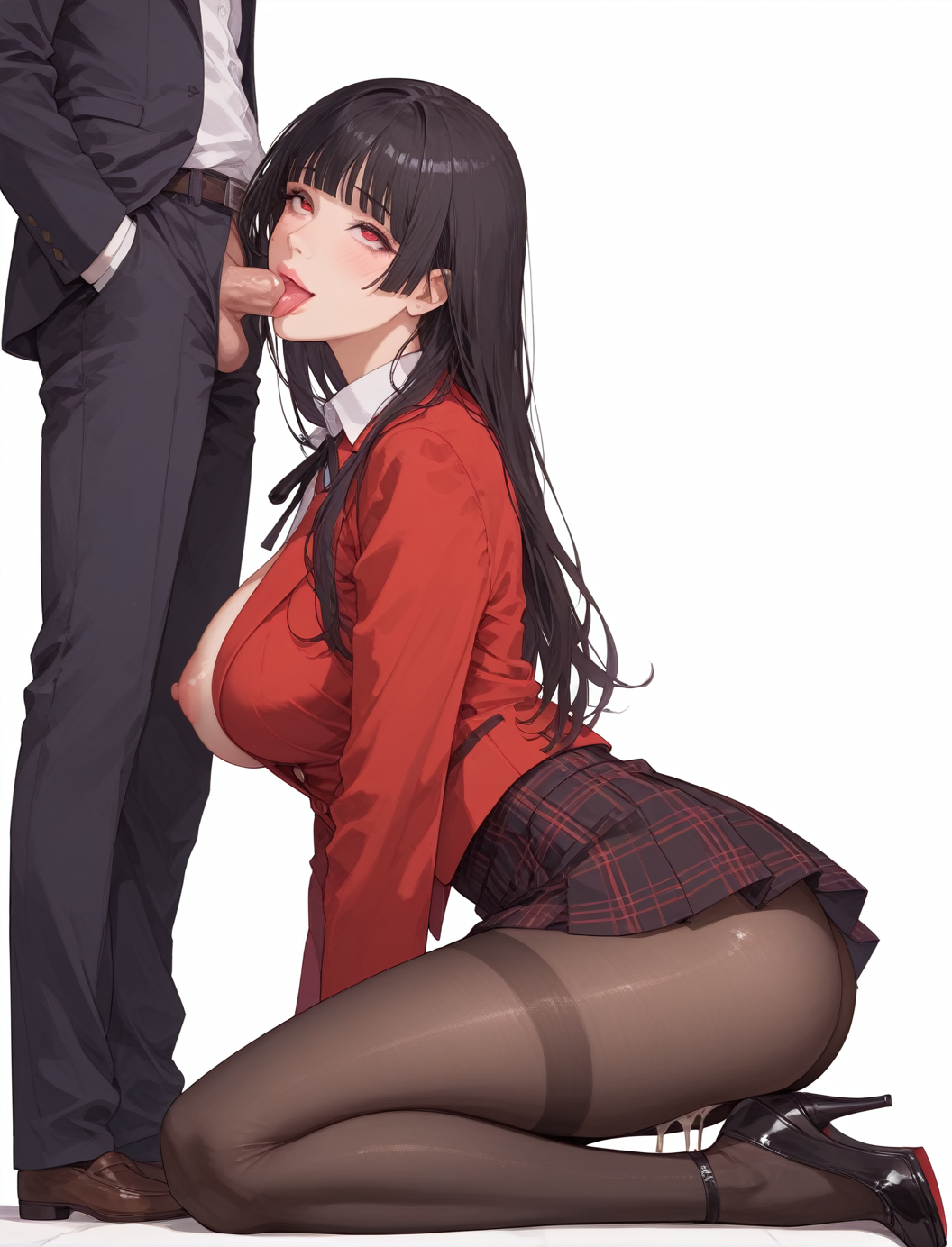 1boy 1girls ai_generated ass ass_focus back_view big_ass big_breasts black_hair blowjob blowjob_face breasts breasts_out cum cum_in_mouth cum_string cum_trail curvy curvy_body curvy_female dress female female_focus fringe fringe_hair huge_ass jabami_yumeko kakegurui legwear long_hair nipples pantyhose penis perfect_ass perfect_body perfect_legs pleasure_face red_eyes red_jacket school_uniform schoolgirl solo_female student thick_thighs