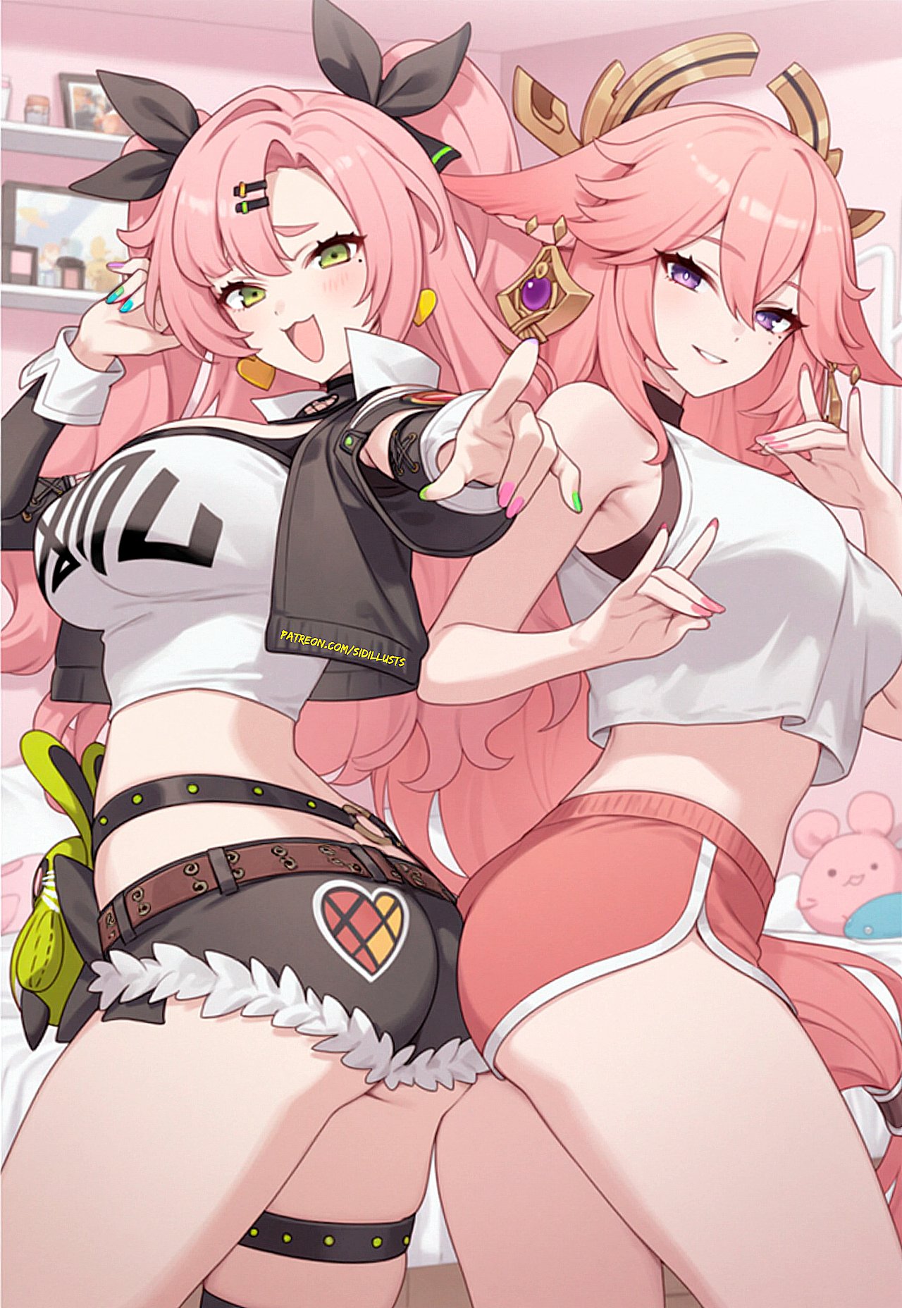 2girls ai_generated animal_ears ass ass-to-ass bare_shoulders blush breasts cunning_hares denim denim_shorts fox_ears genshin_impact green_eyes hair_ornament hair_ribbon hairclip inazuma_girls large_breasts long_hair looking_at_viewer multiple_girls naughty_face nicole_demara open_mouth pink_hair purple_eyes shiny shiny_hair shiny_skin shirt short_shorts shorts sideboob sidious_(artist) smile thigh_strap twintails very_long_hair yae_miko zenless_zone_zero