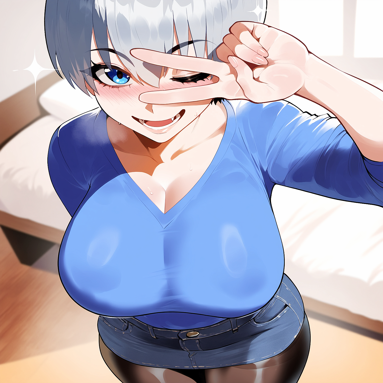 ai generated, blue eyes, blue shirt, breasts, brown-skinned male, curvy, female, grey hair, huge breasts, juuicyai, large breasts, male, massive breasts, narrow waist, shiny, short hair, thick thighs, uzaki hana, uzaki-chan wa asobitai!, wide hips