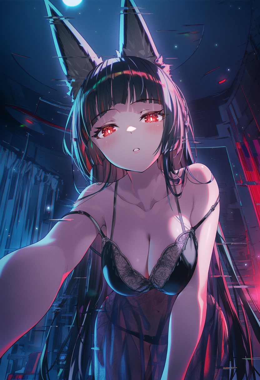 ai_generated black_hair female female_focus fox fox_ears fox_girl hoshimi_miyabi nightgown panties_visible_through_clothing raaicave yandere_eyes zenless_zone_zero