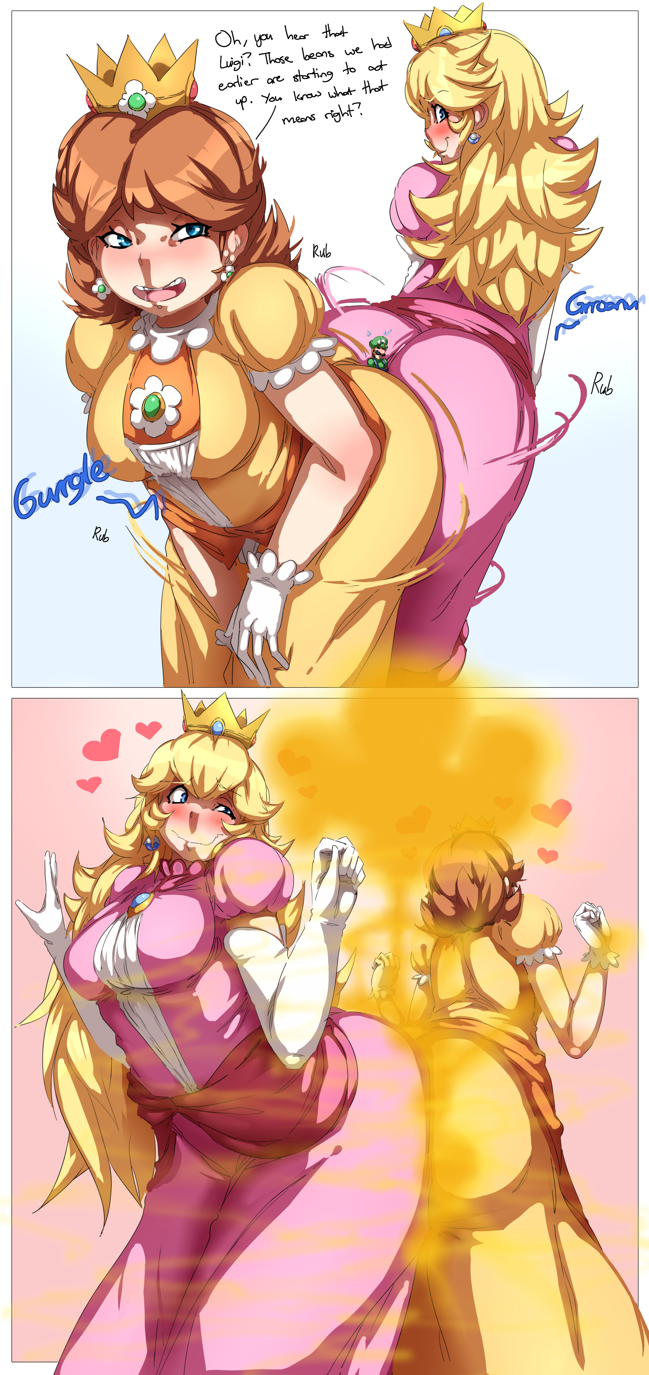 ass sandwich, ass to ass, fart, fart bukkake, fart fetish, female, giantess, larger dom, larger female, lazei, luigi, male, mario (series), nintendo, princess daisy, princess peach, size difference, smaller male, smaller sub, super mario bros., tagme