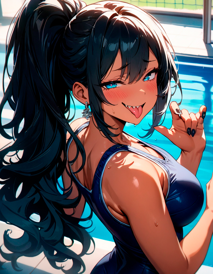 ai_generated big_breasts bimbo black_hair black_nails blue_eyes blush breasts bullying cleavage curvy curvy_body curvy_female curvy_figure gyaru huge_breasts jerking long_hair long_nails looking_back massive_breasts mischievous_smile open_mouth original_character ponytail pool school school_swimsuit schoolgirl sharp_teeth smug starlightnex tan_body tan_skin teasing thick tongue tongue_out toro_(starlightnex)