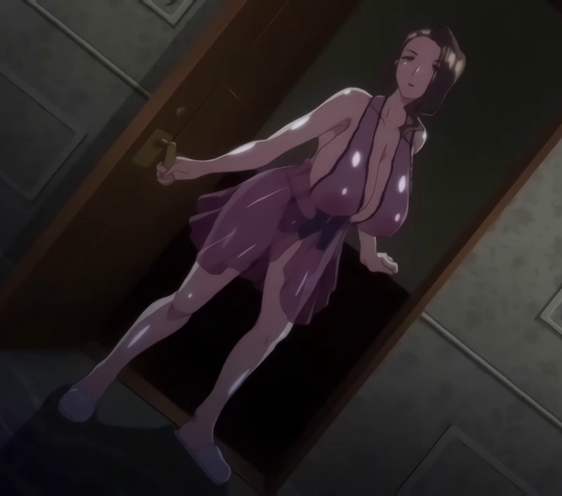 anime_screenshot ass babydoll breasts brown_hair covered_erect_nipples door doorway female green_eyes huge_breasts indoors jashin_shoukan_-inran_kyonyuu_oyako_ikenie_gishiki- lingerie mature_female mole mole_on_breast mole_under_eye munakata_rurie nightgown open_door sagging_breasts scree see-through_clothes sleepwear underwear