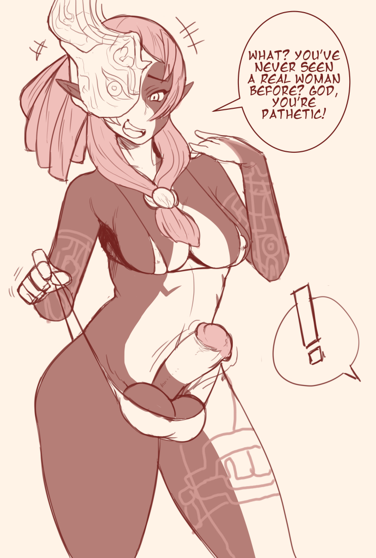 1futa, balls, balls in panties, bra, breasts, cleavage, dickgirl, erection, futa only, futadom, futadom caption, futanari, gaikiken, intersex, midna, nintendo, panties, penis, solo, solo futa, speech bubble, testicles, text, the legend of zelda, twilight princess
