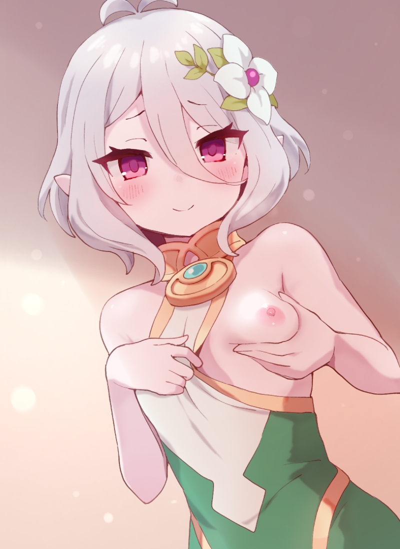 2025 boob_out flat_chest flat_chested high_quality jewelry kokkoro_(princess_connect!) looking_at_viewer loving_gaze pendent pink_eyes pink_nipples princess_connect! showing_breasts slight_blush smiling white_hair