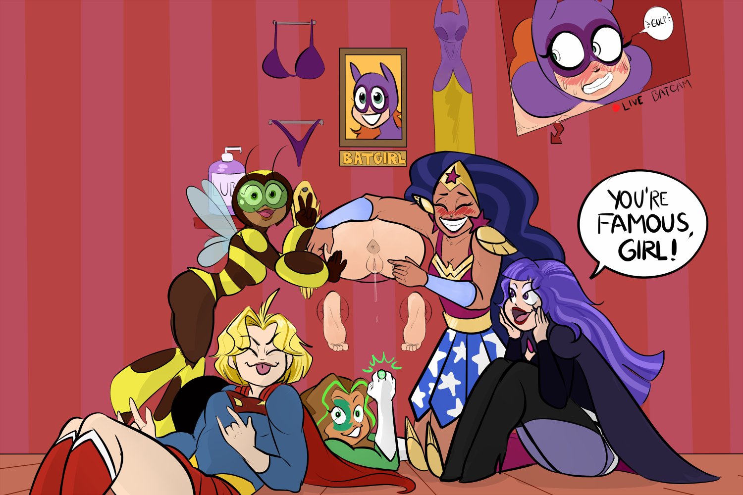 2d, 6girls, anus, ass, barbara gordon, batgirl, bumblebee (dc), color, dc, dc comics, dc super hero girls, diana prince, english text, female, female only, full color, glory wall, green lantern, jessica cruz, kara danvers, karen beecher, multiple girls, photo (object), presenting another, pussy, speech bubble, supergirl, superheroine, superman (series), tagme, through wall, vlado, wonder woman, zatanna, zee zatara
