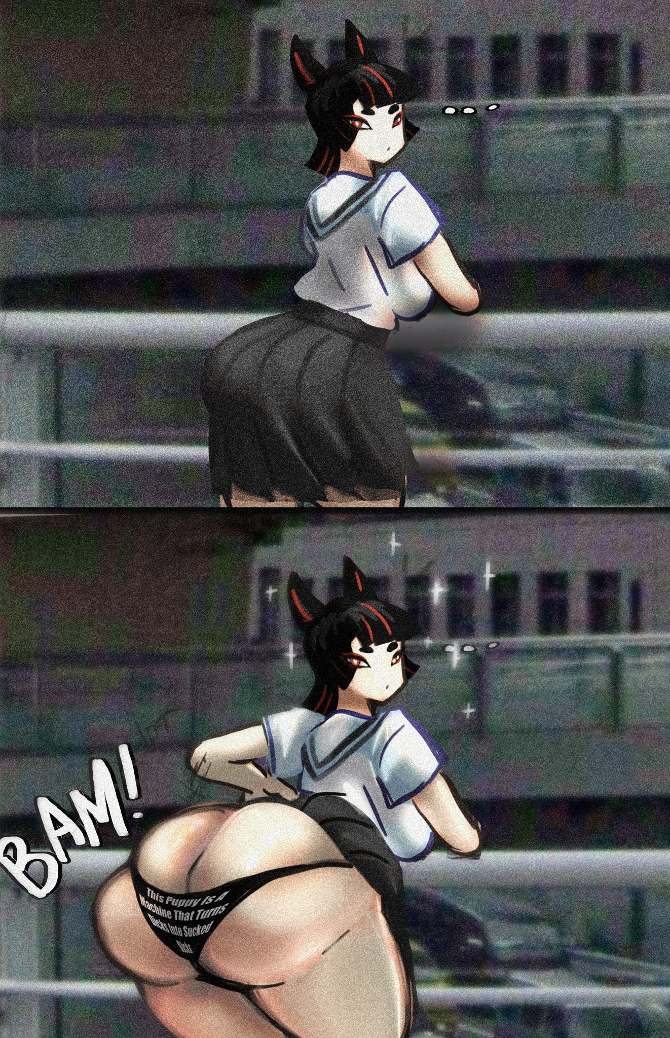 1girls, ass, ass bigger than head, ass cleavage, ass crack, butt crack, fat ass, female, hammerspace, hidden buxom, huge ass, hyper, hyper ass, inviting, inviting to sex, kansais, looking at viewer, looking back, sex invitation, short hair, solo female, tagme, text on clothing