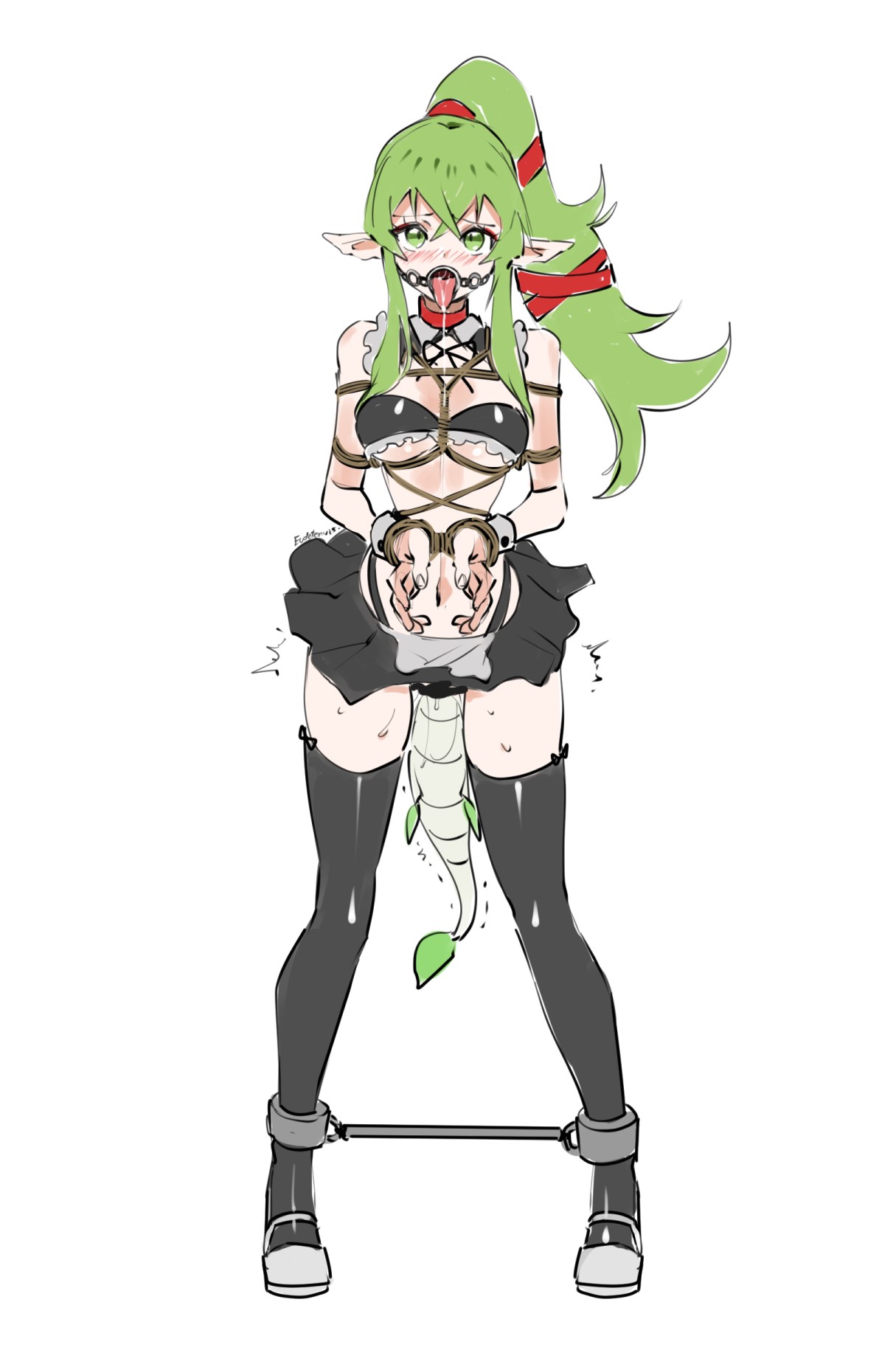 bondage, bound, choker, cleavage, dragon girl, dragon tail, drool, drooling, elf ears, eudetenis, female, female only, femsub, fire emblem, fire emblem awakening, gag, gagged, green eyes, green hair, handcuffs, maid outfit, open mouth, open mouth gag, restrained, revealing clothes, ring gag, rope, rope bondage, shiny clothes, skimpy clothes, stockings, thighhighs, tiki (fire emblem), tiki (fire emblem) (adult), tongue, tongue out