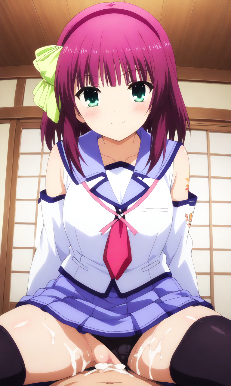 1boy 1girls ai_generated angel_beats! black_panties cowgirl_position cum cum_in_pussy cum_inside female female_focus green_eyes happy happy_sex imforskin leaning_forward male_penetrating panties panties_aside penetration purple_hair school_uniform schoolgirl sex skirt smiling vaginal_penetration yuri_nakamura