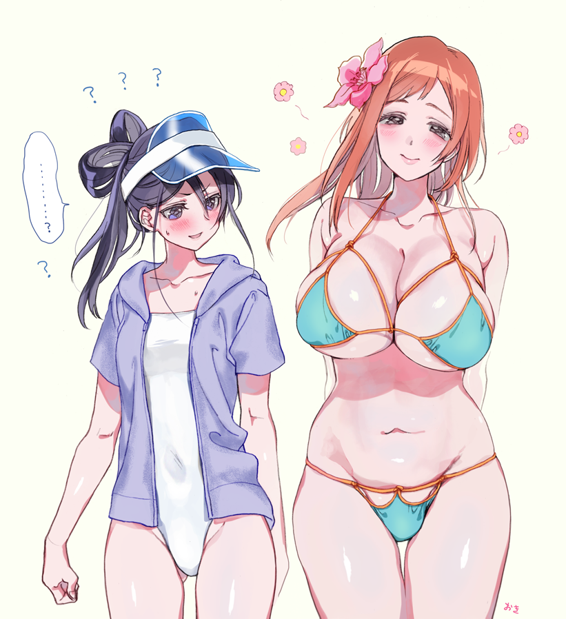 arms_behind_back ass_visible_through_thighs bare_belly bare_legs bare_thighs belly_button bikini black_hair bleach blue_eyes blush breast_envy breasts brown_eyes cleavage closed_mouth collarbone flower_in_hair groin hat huge_breasts inoue_orihime kuchiki_rukia long_hair okihana one-piece_swimsuit orange_hair parted_lips shiny_skin short_sleeves sideboob small_breasts smile swimsuit swimsuit_under_clothes thighs underboob