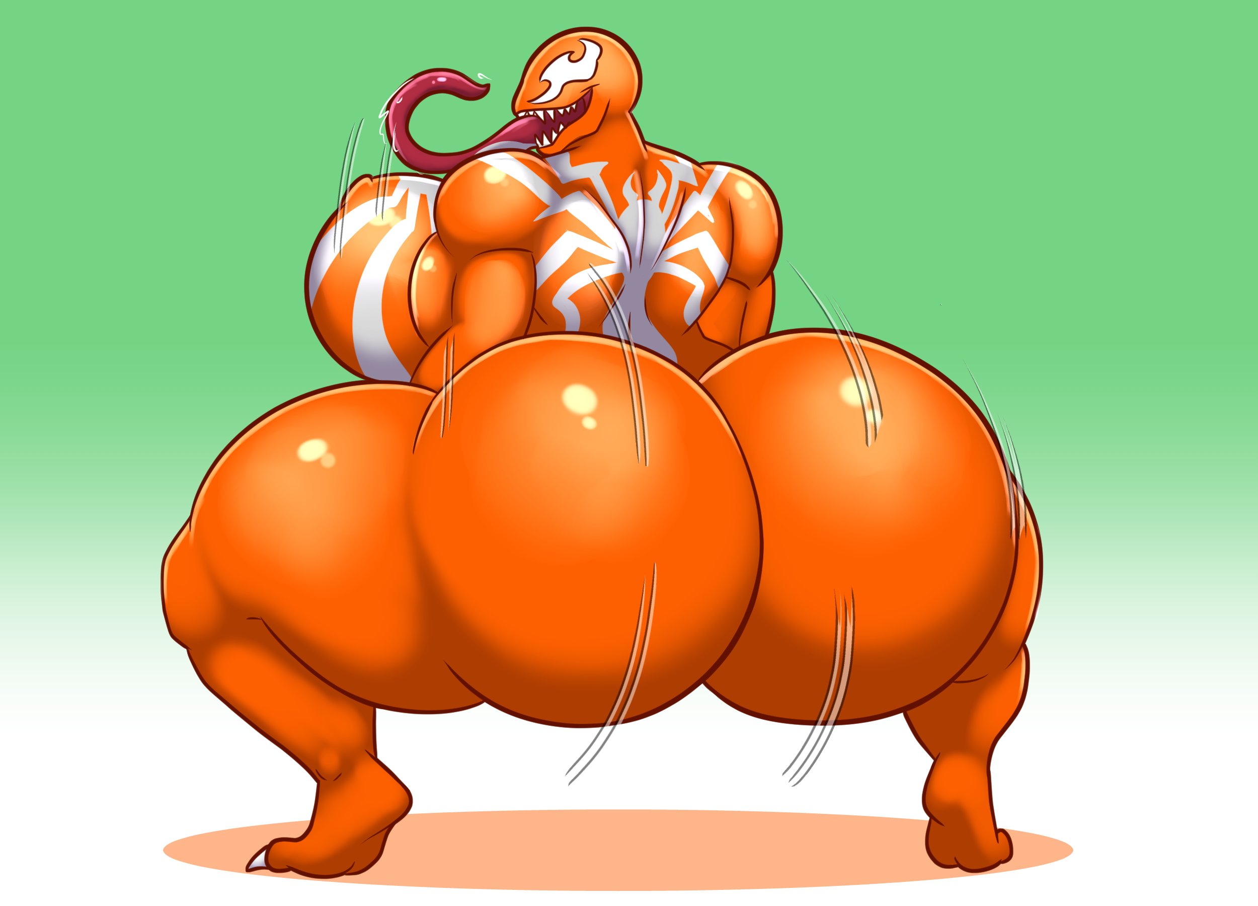 ass, back muscles, biceps, big ass, big breasts, bouncing ass, bouncing breasts, breasts, bubble ass, bubble butt, cleavage, female, glistening body, huge ass, huge breasts, large breasts, lunarartstudios (artist), marvel, marvel comics, muscles, muscular, muscular female, orange body, she-venom, smiling, solo, solo female, symbiote, tagme, thicc, thick ass, thick thighs, triceps, twerking, venom (marvel)
