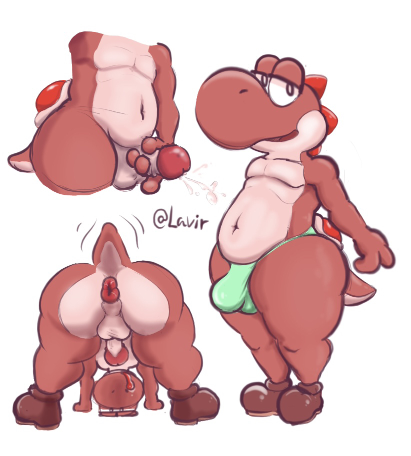 anthro anus ass belly between_legs big_butt boots bulge clothing derpy ejaculation footwear genitals humanoid lavir linking_lip looking_at_viewer male mario_bros masturbation navel nintendo penis presenting presenting_hindquarters puffy_anus red_yoshi shoes solo stare yoshi