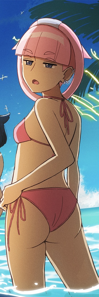 1girls 2d 2d_(artwork) 2d_artwork anime anime_girl anime_nose anime_style animedrawing animegirl animemangagirl ass_cheeks ass_cleavage ass_focus bangs bare_arms bare_back bare_legs bare_shoulders bare_thighs beach beach_background bikini bikini_bottom bikini_top blue_eyes cheeks clear_sky ear_piercing female female_only half_naked looking_at_viewer mollie_(pokemon) nurse only_females only_girl open_mouth piercing piercing_ear piercings pink_bikini pink_bikini_bottom pink_bikini_top pink_hair pokemon pokemon_(anime) pokemon_horizons short_hair silver_ear_piercing silver_piercing thick_thighs tied_hair