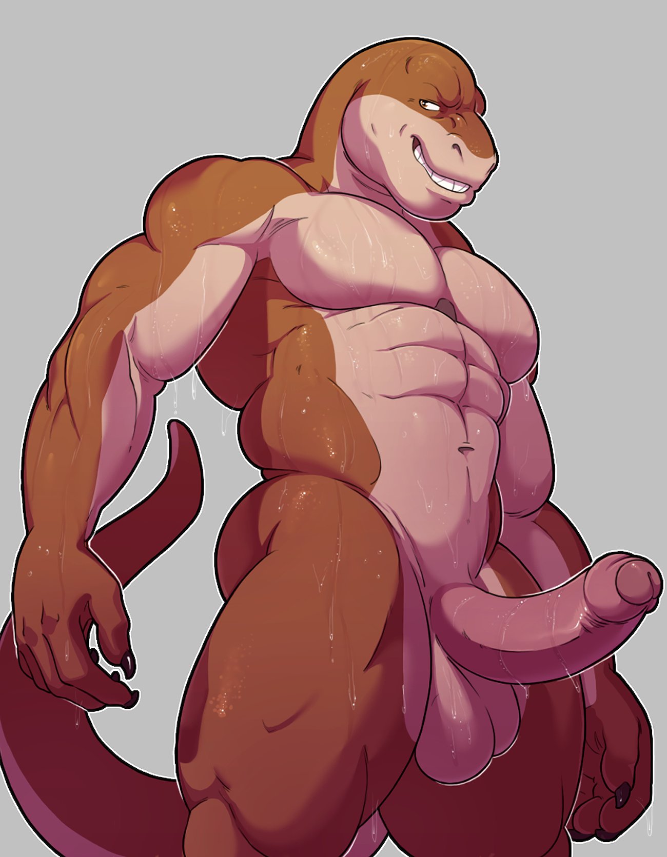 2017 5_fingers abs anthro balls biceps biped black_claws brown_eyes brown_scales brown_tail claws countershade_face countershade_tail countershade_torso countershading digital_media_(artwork) dinosaur erection foreskin front_view grey_background grin hi_res humanoid_penis knuxlight logan_sullivan long_tail looking_at_viewer male male_only multicolored_scales multicolored_tail muscular muscular_male navel nude pecs penis pepsi_(fa) pink_penis portrait scales scalie simple_background smile solo standing tan_balls tan_countershading tan_scales tan_tail teeth theropod three-quarter_portrait two_tone_scales two_tone_tail tyrannosaurus_rex uncut wet