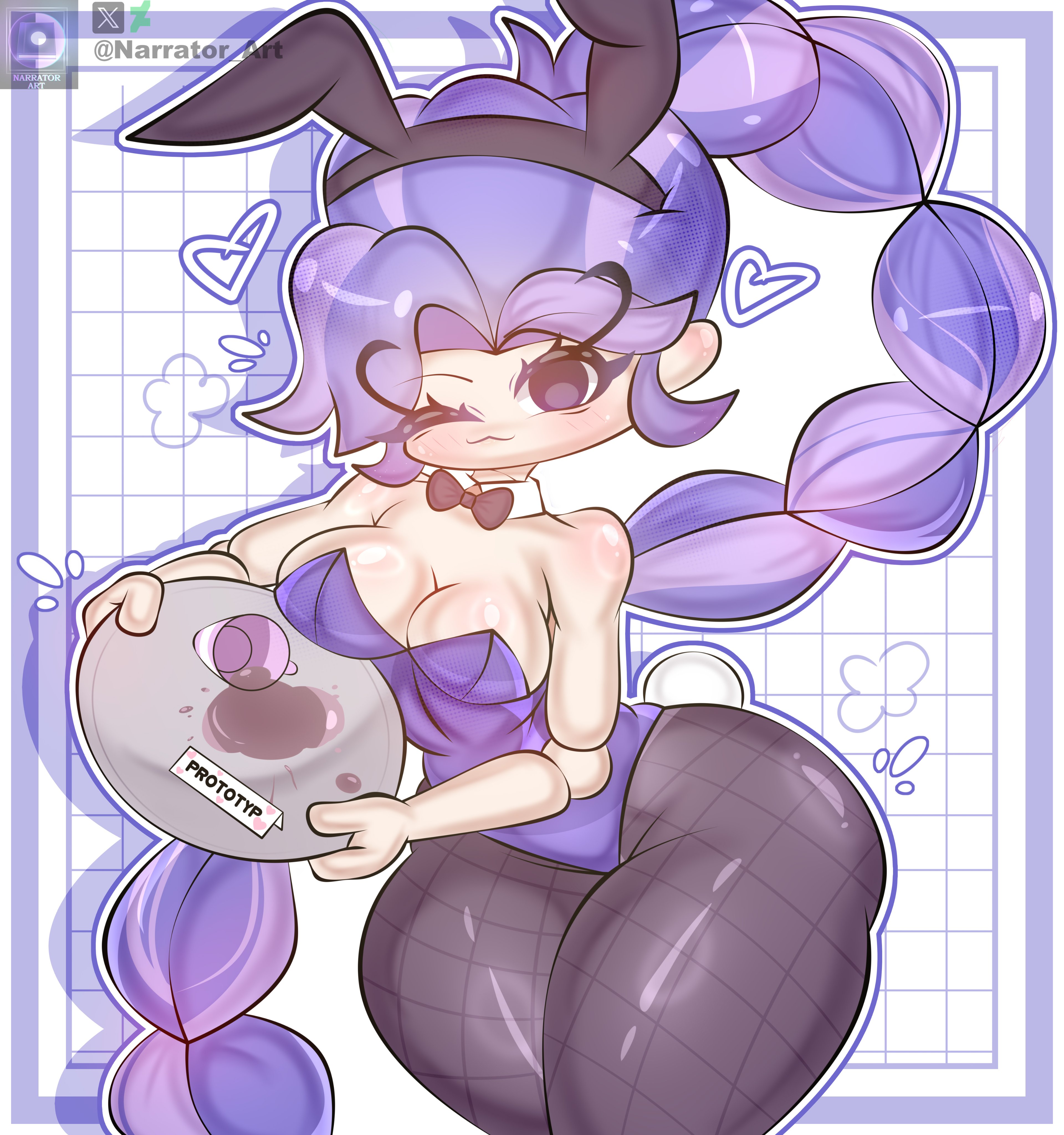 1female, 1girls, 2026, 2026s, 2d, 2d (artwork), 2d artwork, alternate ass size, alternate body type, alternate breast size, animate inanimate, big breasts, black eyes, bottom heavy, braid, braided hair, braided ponytail, breasts, bunny ears, bunny girl, bunny suit, bunny tail, bunnygirl, bunnysuit, curvy, curvy female, curvy figure, digital art, digital drawing, digital drawing (artwork), digital media, digital media (artwork), digital painting, digital painting (artwork), doll, doll girl, doll joints, eyebrows, eyelashes, female, female focus, fishnet pantyhose, fishnets, fully clothed, hair, hourglass figure, hourglass figured female, humanoid, humanoid female, inanimate animate, lily lovebraids, living toy, long hair, long purple hair, looking at viewer, mascot horror, mob entertainment, mob games, narrator art, noseless, not furry, pantyhose, poppy playtime, poppy playtime (chapter 5), purple hair, smile, smiling, smiling at viewer, solo, solo female, solo focus, standing, tray, video games, wide hips, wink, winking, winking at viewer