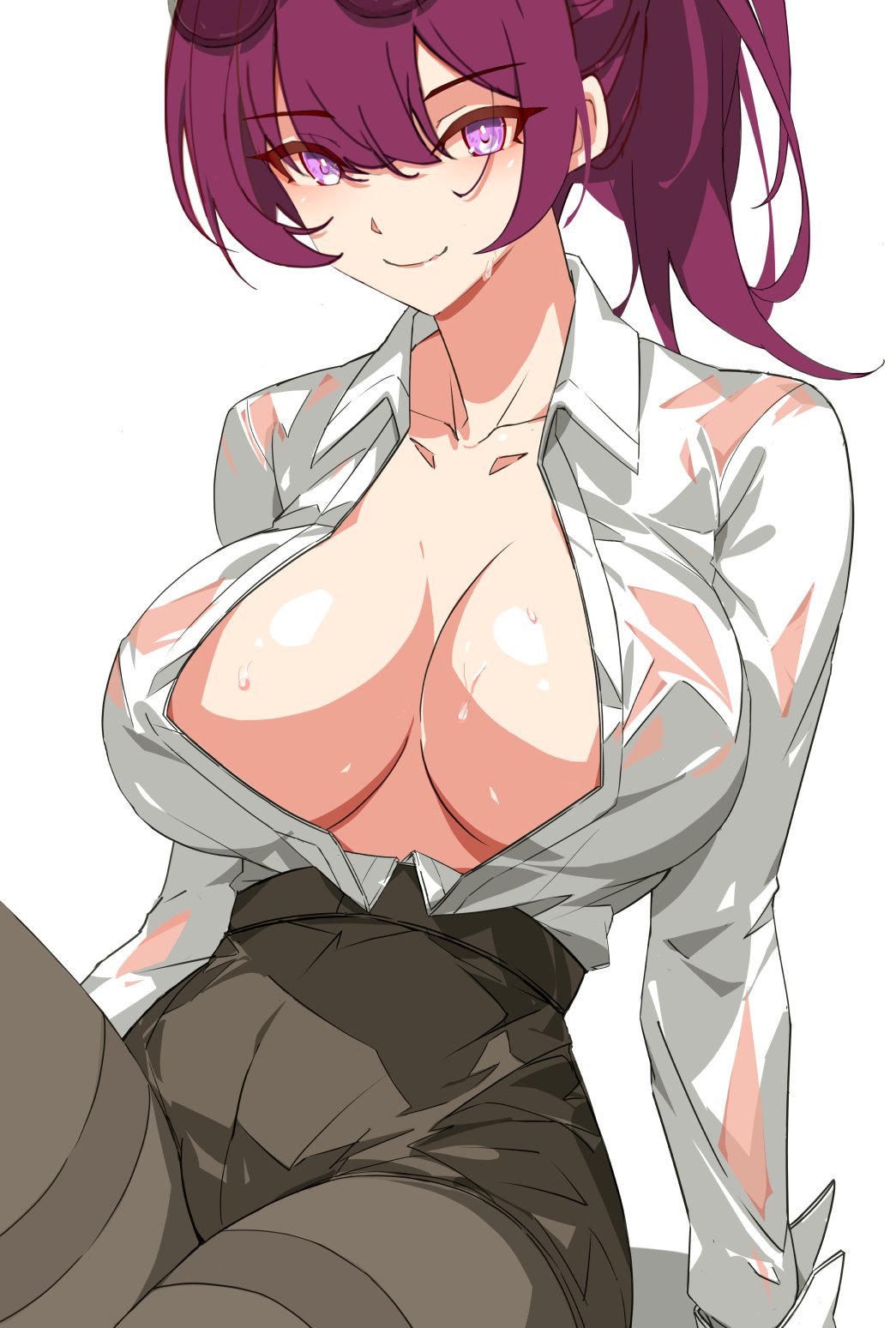 breasts, cleavage, female, honkai: star rail, kafka (honkai: star rail), kili kilio, looking at viewer, no bra, open clothes, open shirt, pantyhose, sweat