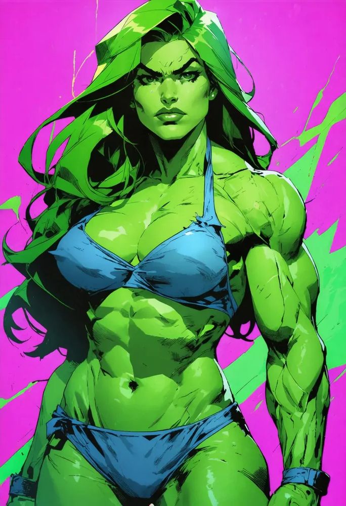 ai_generated female girl green_eyes green_hair green_skin marvel marvel_comics muscles muscular pose rodeai she-hulk