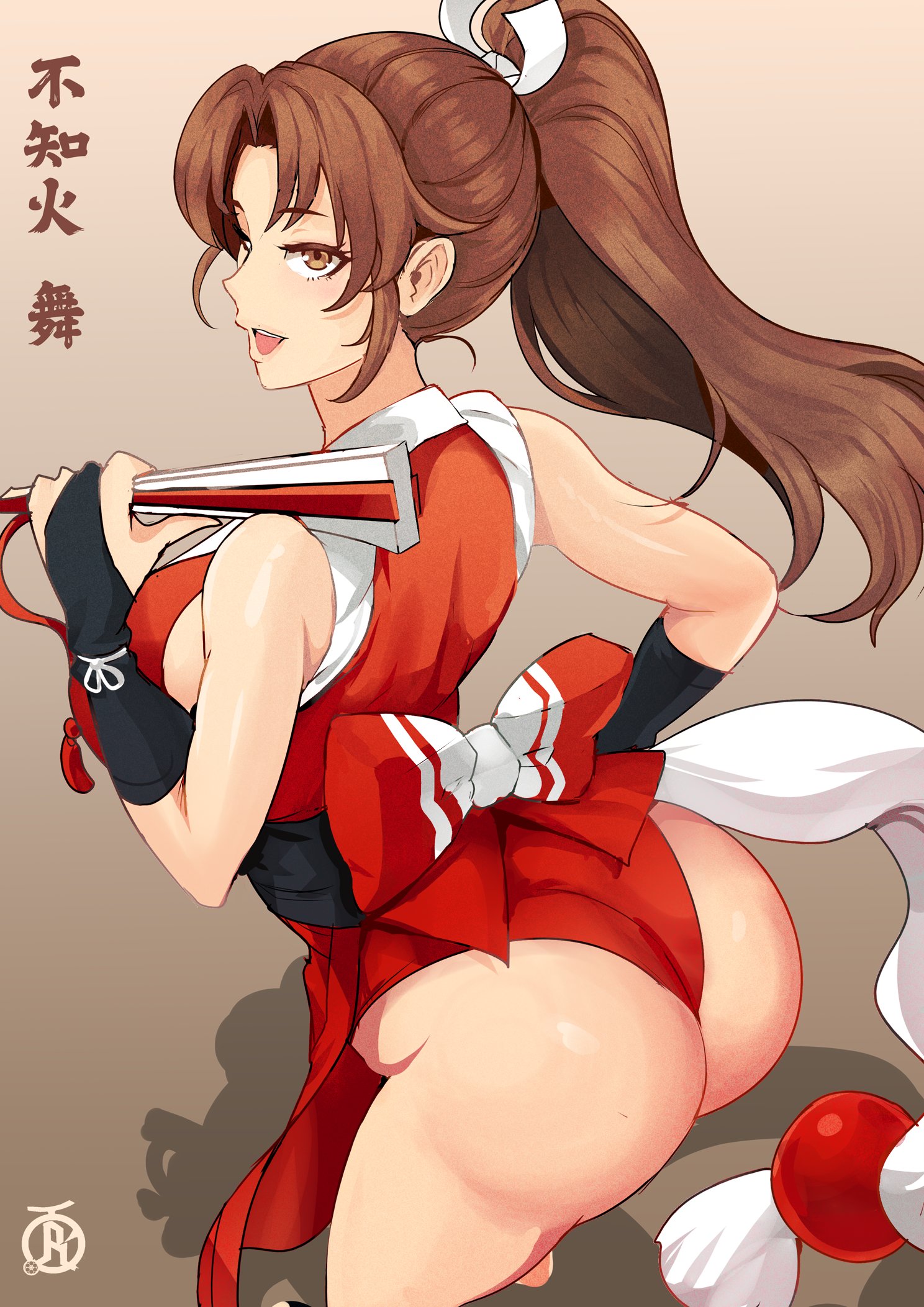 1girls, artist logo, ass, big ass, breasts, brown eyes, brown hair, fatal fury, female, female only, japanese text, king of fighters, kunoichi, large ass, large breasts, long hair, looking at viewer, looking back, mai shiranui, ponytail, red clothing, revolverwingstudios, ribbon, sideboob, simple background, snk, solo, voluptuous, wide hips