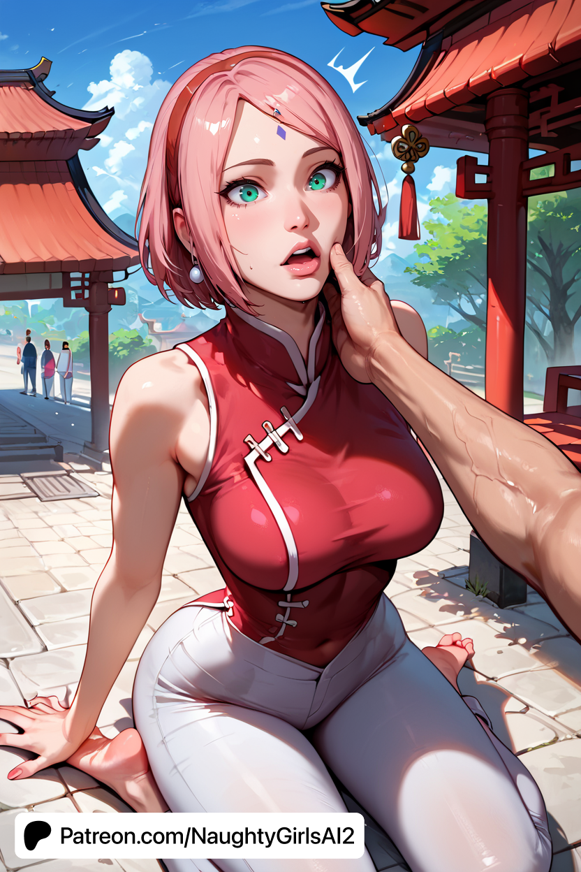 1girls 1other 2:3 ai_generated ambiguous_gender barefoot big_breasts boruto:_naruto_next_generations breasts building day earrings female forehead_mark green_eyes hairband hand_on_another's_face jewelry large_breasts lips looking_at_viewer mature_female milf naruto naruto_(series) naughtygirlsai outdoors pants patreon_username pink_hair red_hairband sakura_haruno short_hair sitting skinny sky solo_focus stone_floor torii