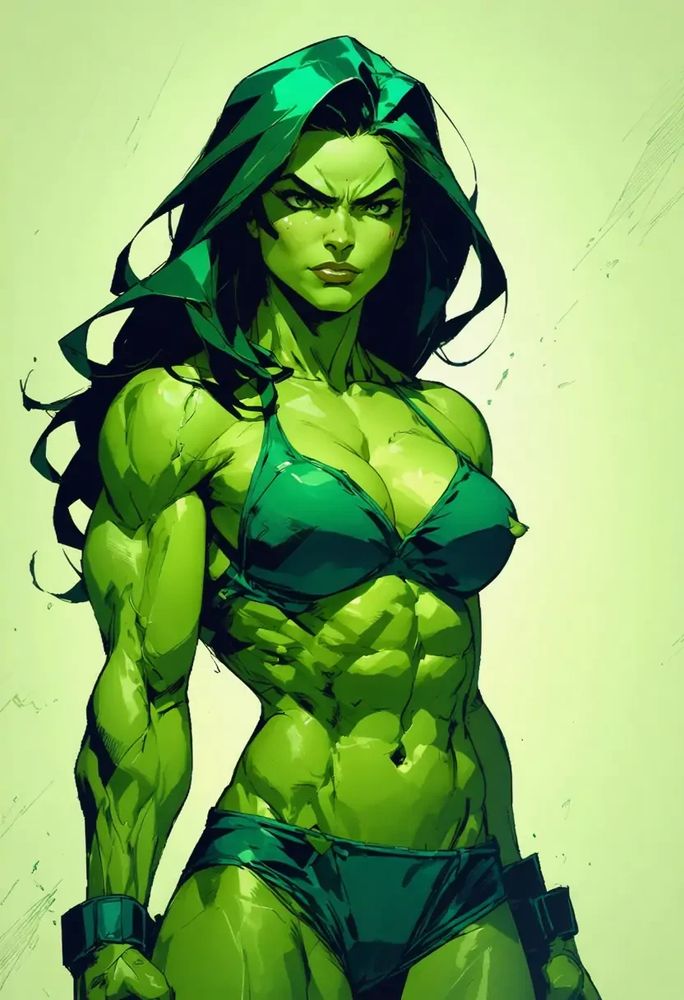 ai_generated female girl green_eyes green_hair green_skin marvel marvel_comics muscles muscular pose rodeai she-hulk