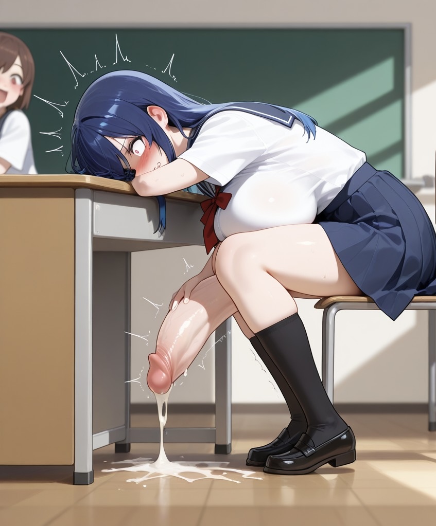 ai generated, balls, big balls, big breasts, blue hair, blush, breasts, classroom, cum, dripping cum, embarrassed, erect penis, erection, female, futanari, holding penis, huge cock, intersex, penis, school uniform, schoolgirl, sideboob, sitting, skirt, thick thighs, zynai