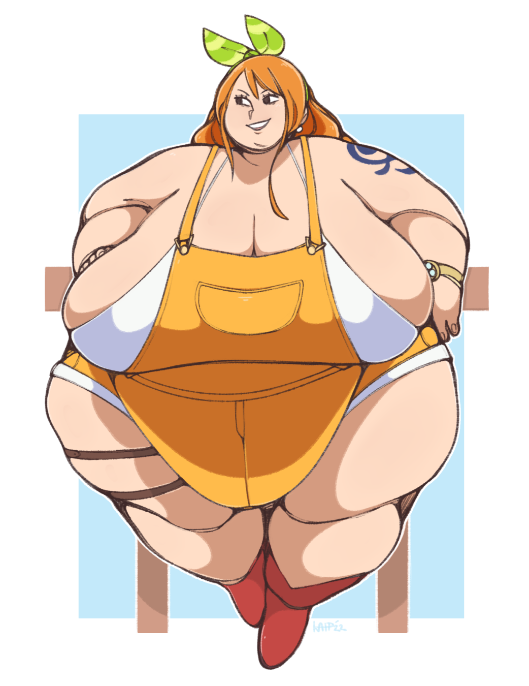 1girls 2022 bbw belly belly_overhang breasts cleavage fat fat_arms fat_belly fat_woman female female_focus hand_on_breast hi_res high_resolution highres huge_belly huge_breasts kappallnight long_hair nami obese obese_female one_piece orange_hair overalls overflowing_breasts overweight overweight_female plump solo solo_female solo_focus tattoo tattooed_arm thick_thighs thighs