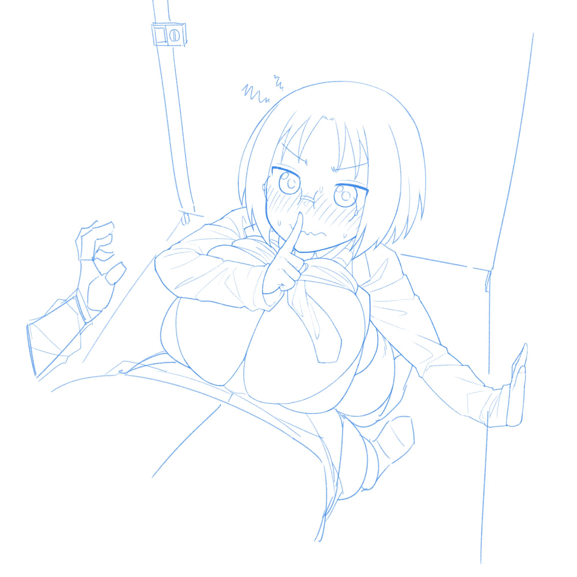 1boy, 1girls, between breasts, blush, bra, breasts, clothed sex, dragon girl, ekz, elma (dragon maid), female, half-closed eyes, highres, kneeling, male, miss kobayashi's dragon maid, monochrome, nervous, paizuri, pants, pants down, sex, shirt lift, short hair, shushing, straight, sweat, toilet, wavy mouth