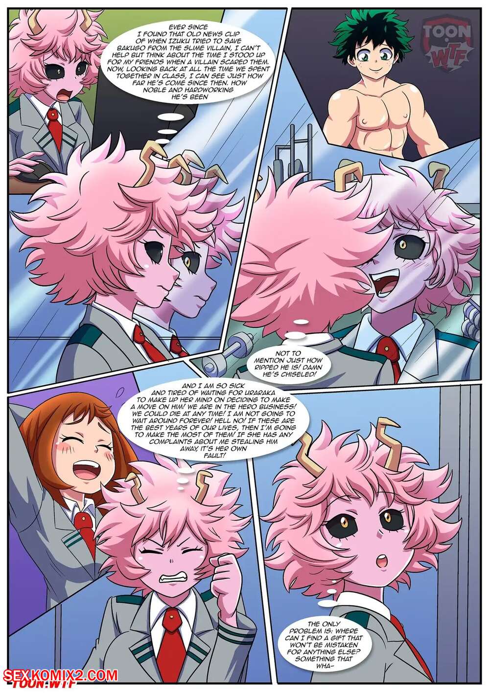 1boy, 2girls, bbmbbf, comic, comic page, female, izuku midoriya, let me unwrap your gift (comic), male, mina ashido, my hero academia, no sex, ochako uraraka, palcomix