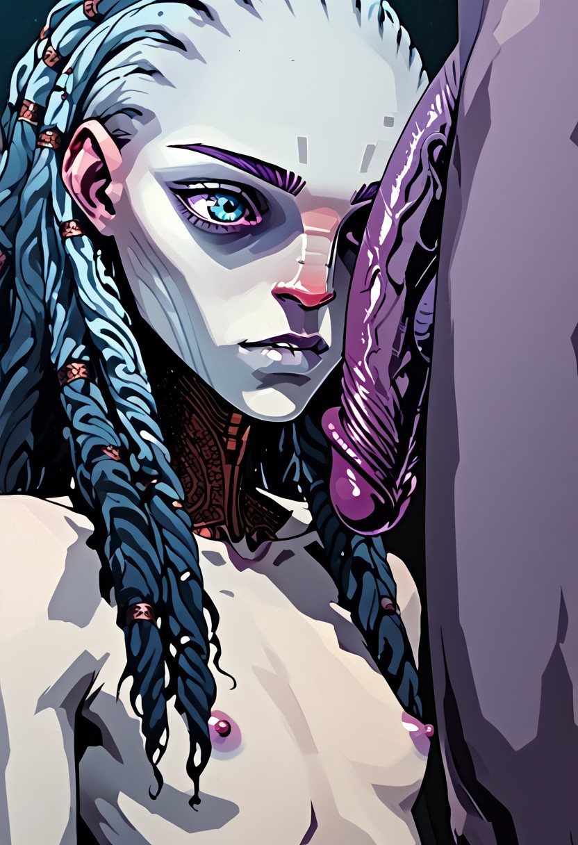 ai_generated alien alien_girl alien_humanoid aroused aroused_face aroused_female artstyle_imitation big_balls big_dick biting_lip blue_eyes braided_hair dal_r'el dick_on_face eager eager_blowjob grey_skin gwyndala horny horny_face horny_female hungry hungry_for_more kneeling kneeling_oral_position long_penis looking_at_penis pale_skin purple_penis skinny star_trek star_trek_prodigy vau_n'akat_(species) waiting