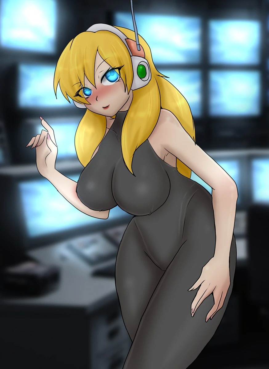 1girls alia big_breasts black_bodysuit black_clothing blonde_hair blue_eyes blush clothing hand_up long_hair mega_man mega_man_x principenegro red_lipstick robot_girl