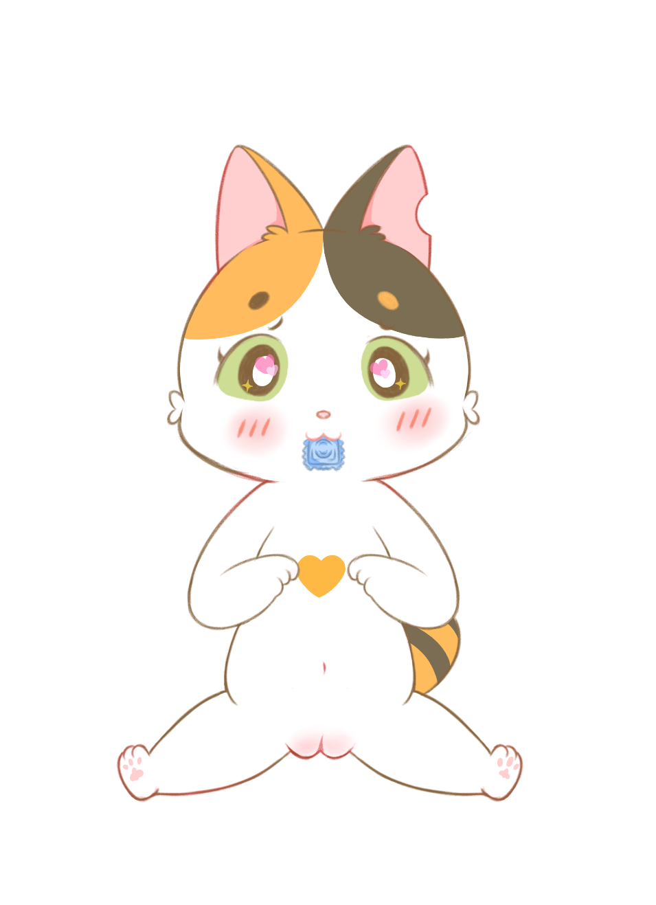 belly blush blush_lines chibi condom condom_in_mouth domestic_cat felid feline felis female feral genitals heart_eyes heart_symbol hi_res kris_(artist) love_for_my_cutie mammal mouth_hold object_in_mouth plump_labia pussy sexual_barrier_device solo spread_legs spreading